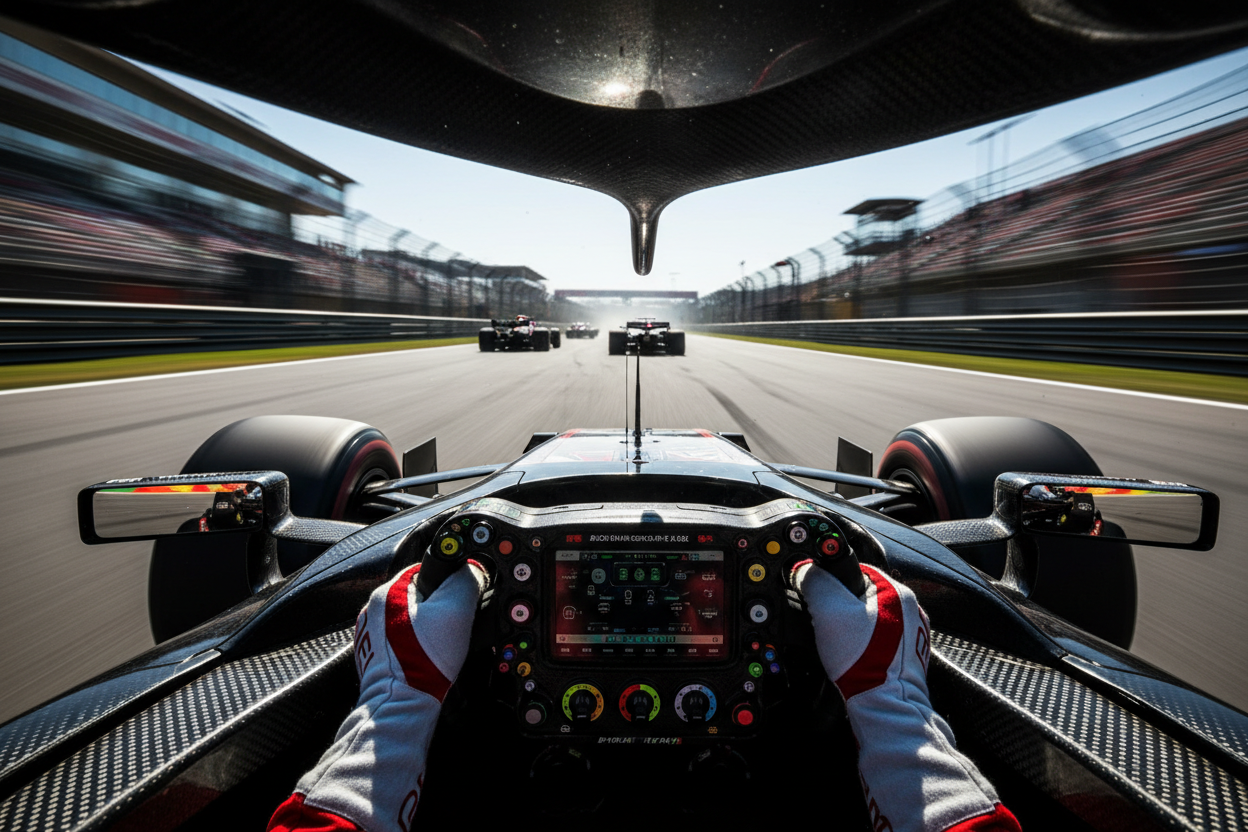 photorealistic FPS view of a formula 1 car racing